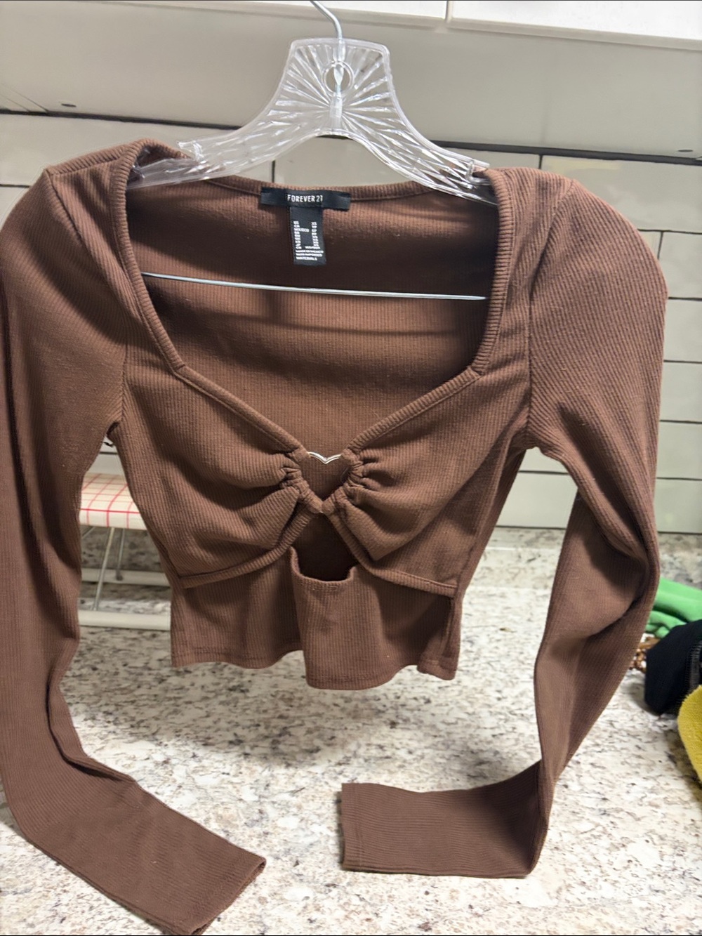 Forever 21 Brown Ribbed Heart-Detail Long Sleeve Crop Top